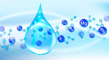 Maden suyu şablonu. Mavi damlalar ve mineral molekülleri. Sağlıklı su modern etiketi.
