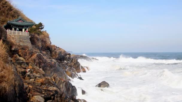 海の大きな波と崖の上にナクサンサ寺のエルミタージュ。新羅の僧「魚山」が海岸沿いに建立した寺院。 — ストック動画
