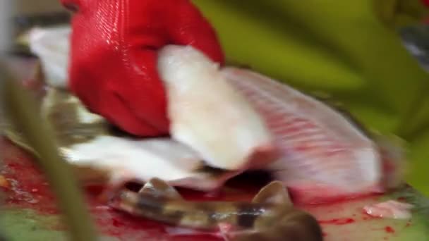 Pescarul experimentat felie pește în piața de pește pentru a găti sashimi, Jeju-Island — Videoclip de stoc