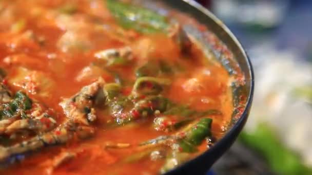 Sopa de Anchova picante é comida tradicional coreana. Gijang, Busan, Coréia é o mais famoso para o biqueirão, então você pode tentar em vários pratos tradicionais coreanos feitos de biqueirão.. — Vídeo de Stock