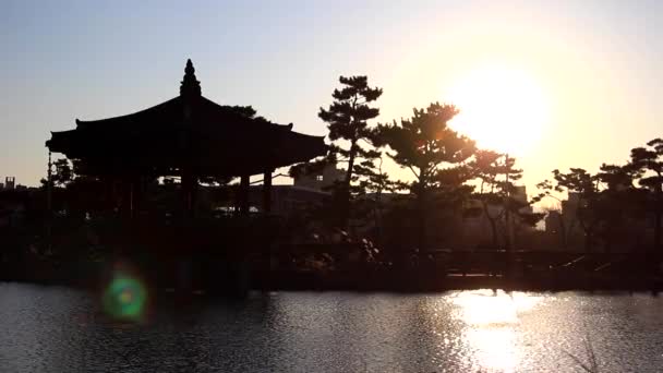 El estanque y el pabellón tradicional coreano en la silueta de Hanbat Arboretum en Daejeon, Corea — Vídeos de Stock