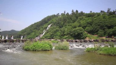 Jincheon, Güney Kore - 23 Haziran 2014: Kore geleneksel cenaze şarkısı Jincheon-gun, Kore 'deki Nongdari Köprüsü festivalini geçerken