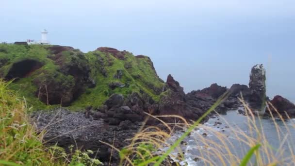 Hermosa Vista Verde Desde Playa Rocosa Seopjikoji Jeju — Vídeo de stock