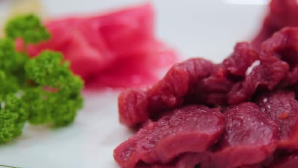 Carne Crudă Cal Carne Sashimi Mâncare Coreeană — Videoclip de stoc