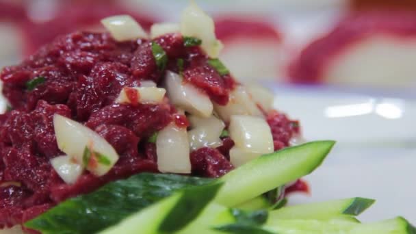 Carne Crua Cavalo Carne Sashimi Comida Coreana — Vídeo de Stock