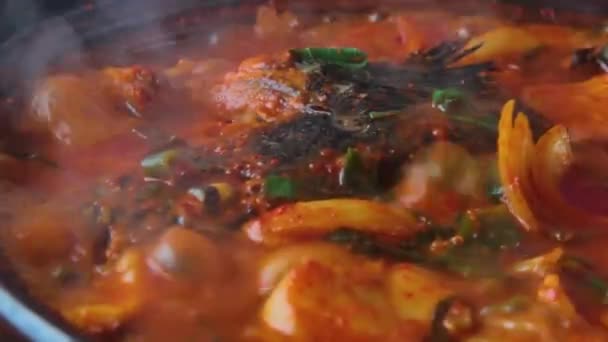 Comida Coreana Maeuntang Cocinado Con Pescado Champiñones Verduras Que Viven — Vídeos de Stock