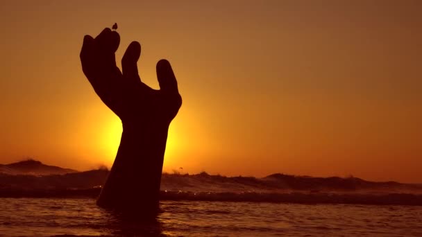 在韩国浦港Homigot海滩 巨大的手升起的日出 — 图库视频影像