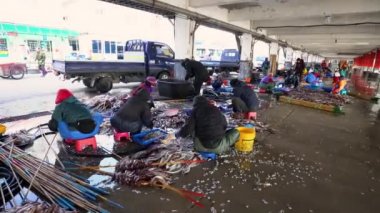 Ulleung-gun Suhyup (Ulusal Balıkçılık Kooperatifleri Federasyonu), Jedong Limanı, Ulleung-gun, Gyeongsangbuk-do, Kore - 25 Aralık 2019: Halalar kalamar kesiyor.
