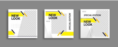 Düzenlenebilir en küçük kare pankart şablonu seti. Sosyal medya gönderileri ve internet reklamları için geometrik şekilli siyah sarı arka plan rengi. Vektör illüstrasyonu