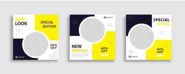 Düzenlenebilir en küçük kare pankart şablonu seti. Sosyal medya gönderileri ve internet reklamları için geometrik şekilli siyah sarı arka plan rengi. Vektör illüstrasyonu