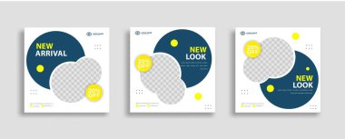 Düzenlenebilir en küçük kare pankart şablonu seti. Sosyal medya postası ve internet reklamları için geometrik şekilli mavi sarı arka plan rengi. Vektör illüstrasyonu