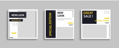 Düzenlenebilir en küçük kare pankart şablonu seti. Sosyal medya gönderileri ve internet reklamları için geometrik şekilli siyah sarı arka plan rengi. Vektör illüstrasyonu