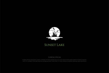 Sunset Sunrise Moon Grass Cattails Reed River Lake Creek Logo Design Vector clipart
