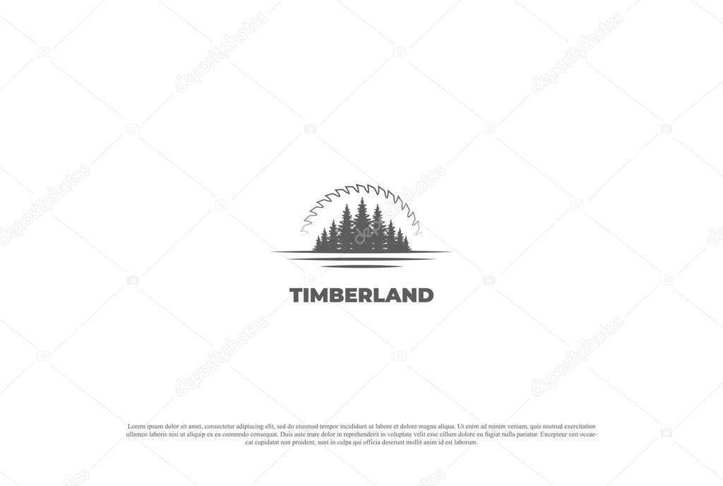 Pine Cedar Conifer Evergreen Larch Cypress Spruce Fir Tree Forest with Sunset Sunrise Circular Blade for Timber Log Logo Design Vector