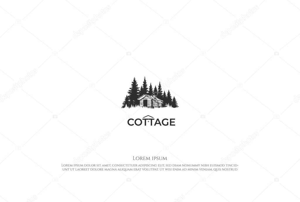 Pine Cedar Spruce Conifer Evergreen Fir Larch Hemlock Cypress Trees Forest with Wooden Cabin Chalet Cottage Barn Logo Design Vector