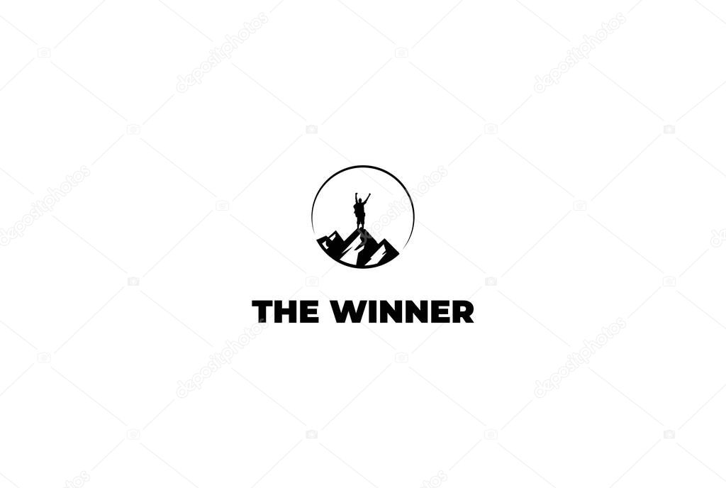 Male Man on Mountain Top Peak for Winner Adventure Champion Logo Design Vector