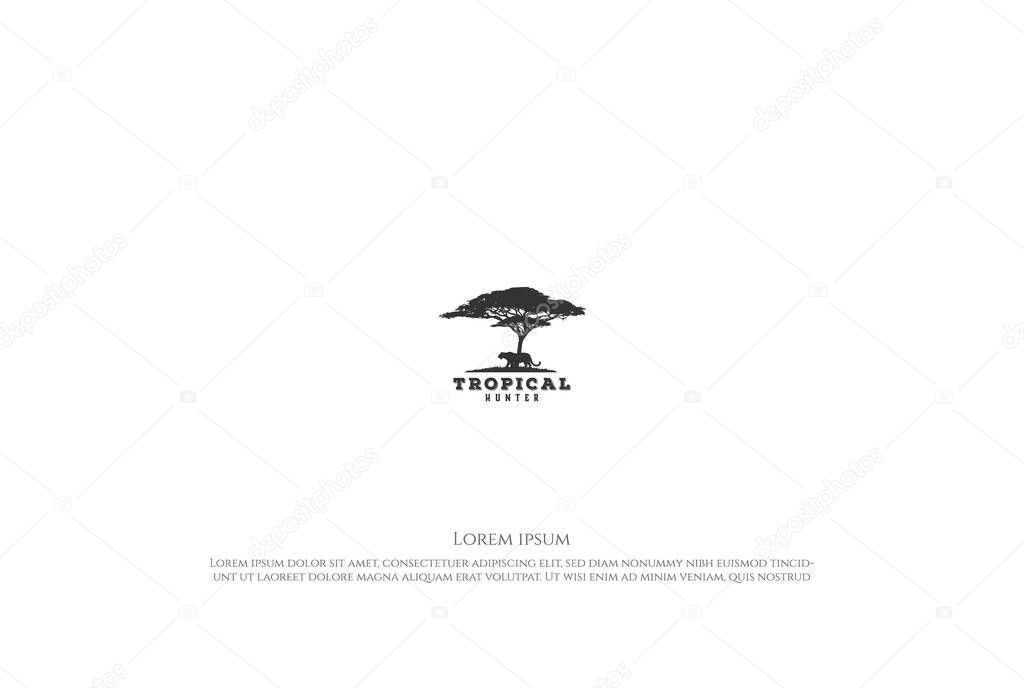 African Acacia Tree with Tiger Jaguar Leopard Cheetah Puma Panther Silhouette for Safari Adventure Logo Design Vector