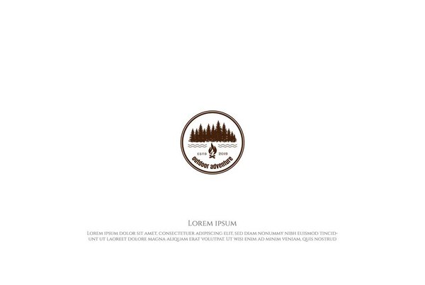 Pine Cedar Conifer Coniferous Evergreen Fir Larch Cypress Hemlock Tress Forest and River Lake Creek and Bonfire for Camp Outdoor Adventure Logo Design Vector