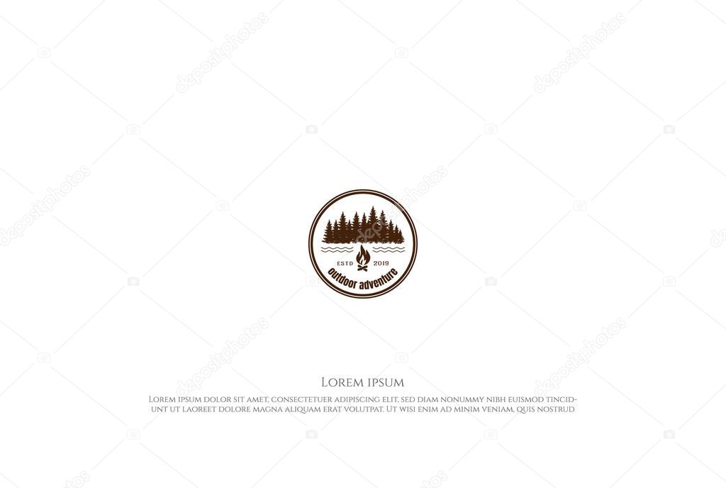 Pine Cedar Conifer Coniferous Evergreen Fir Larch Cypress Hemlock Tress Forest and River Lake Creek and Bonfire for Camp Outdoor Adventure Logo Design Vector