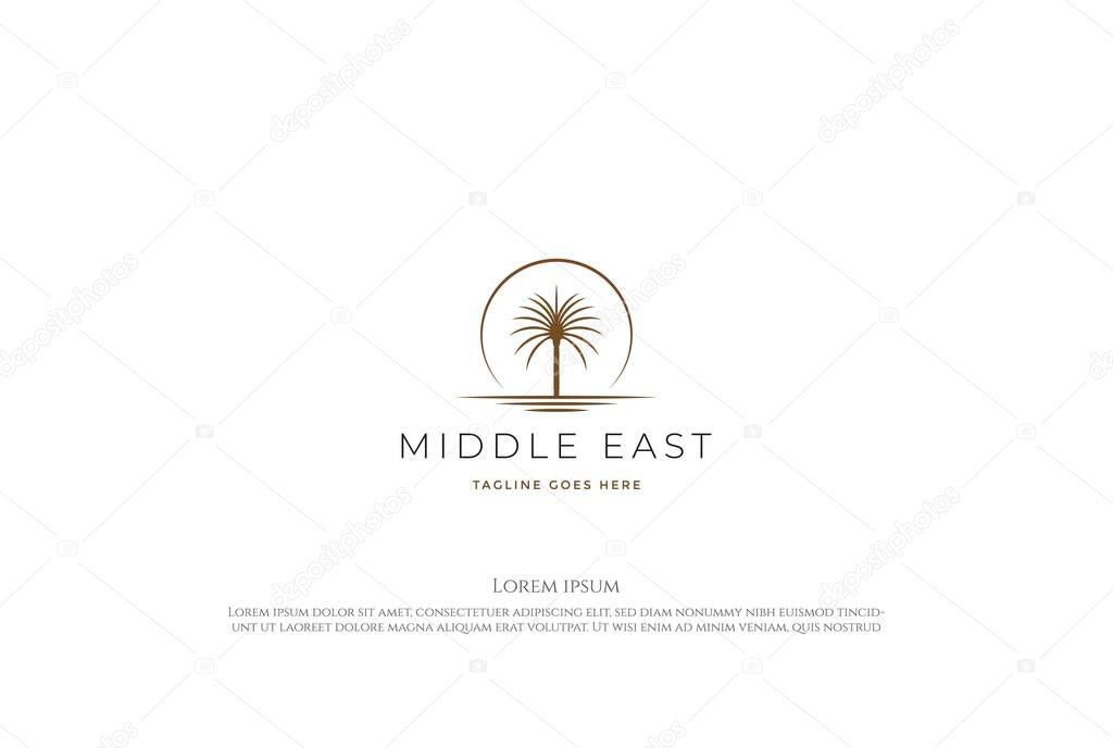 Sunset Sunrise Arabian Middle East Palm Date Tree with Desert Logo Design Vector
