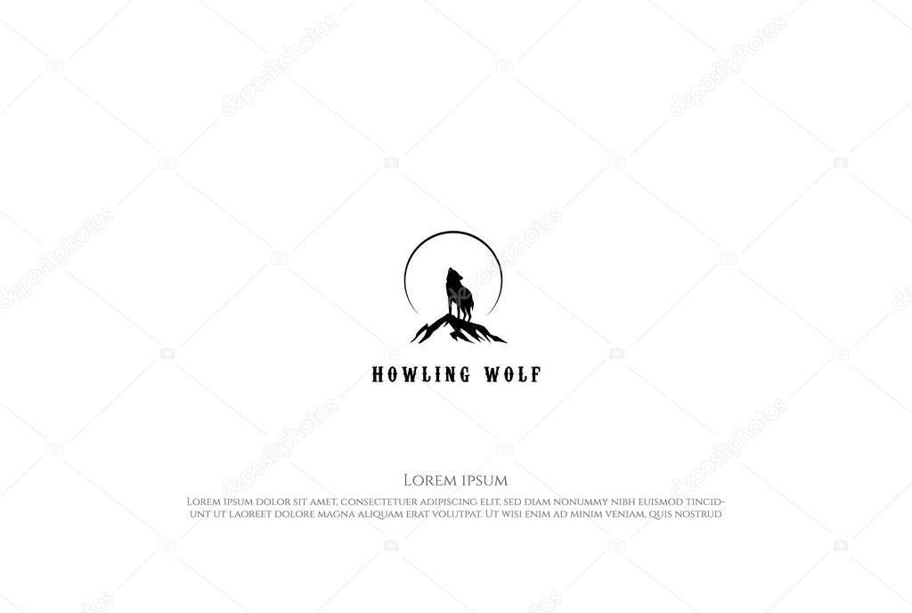 Mountain Rock Stone with Howling Wolf and Moon for Outdoor Camping Adventure Logo Design Vector