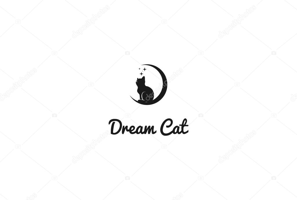 Retro Crescent Moon with Cat Kitty Silhouette for Dream Logo Design Vector