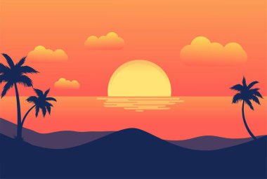 Palm Trees ve Sea for Summer Resort Background ile Sunset Tropical Beach. Vektör İllüstrasyonu