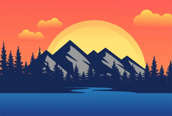 Mountain Sunrise Sunset Landschap Met Dennen Ceder Spar Conifer Fir — Stockvector