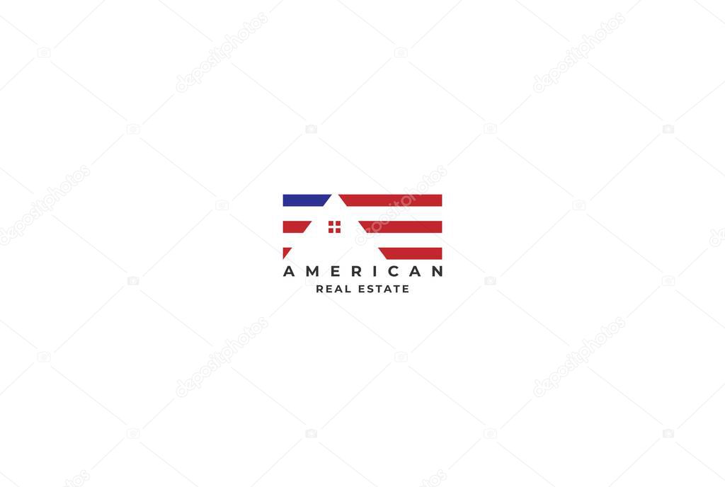 American USA US Flag with House for Real Estate Logo Design Vector