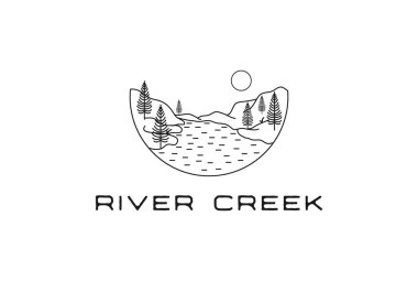 Evergreen Pines 'ın klasik çizgi sanatı Conifer Hemlock Ağaç Ormanı ve Creek Nehri Kamp Logosu Tasarım Vektörü