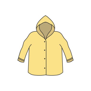 Sarı yağmurluk illüstrasyonu, su geçirmez yağmurluk vektör sanatı, kapüşonlu sonbahar giysi grafiği, düz tasarım yağmur koruma ikonu, mevsimlik hava giyimi sembolü, çizgi film tarzı izole dış giysi, basit taslak çizim, plastik palto klipsi sanatı, ıslak