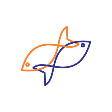 İki stilize balığın soyut çizgisi markalaşma ve grafik projeleri için modern bir logo tasarımı oluşturuyor..