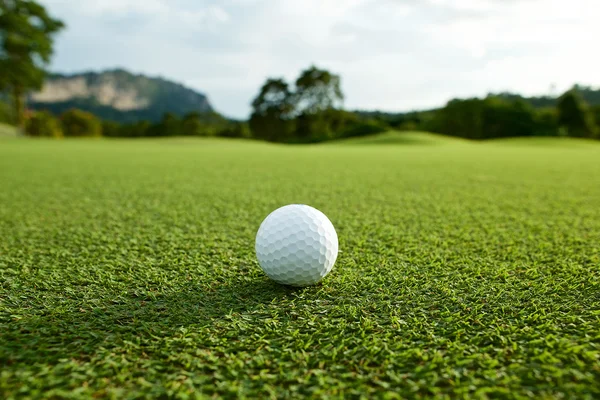 Witte golfbal op fairway met de groene achtergrond in het land — Stockfoto