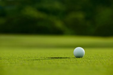 seçici odak. yeşil çim iyi f üzerinde delik yakınındaki beyaz golf topu