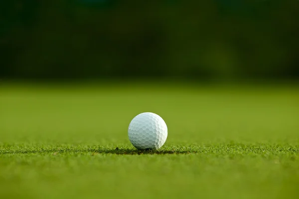 Enfoque selectivo. bola de golf blanco cerca del agujero en la hierba verde buena f — Foto de Stock