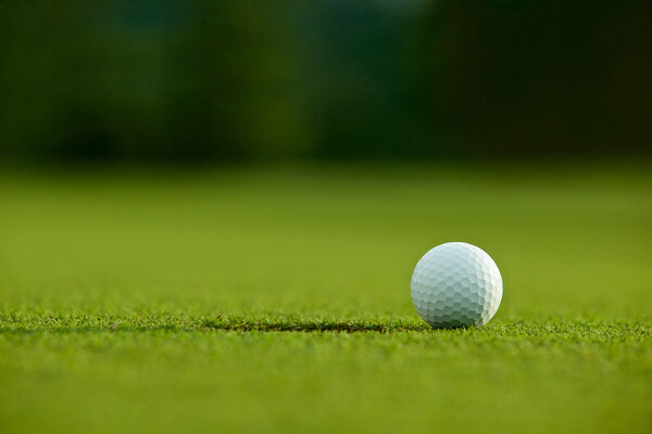 selective focus. white golf ball near hole on green grass good f