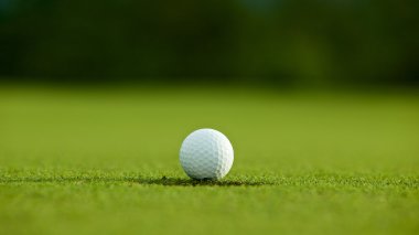 seçici odak. yeşil çim iyi f üzerinde delik yakınındaki beyaz golf topu