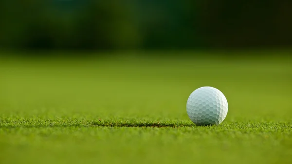 Selektiv inriktning. vit golfbollen nära hål på grönt gräs bra f — Stockfoto