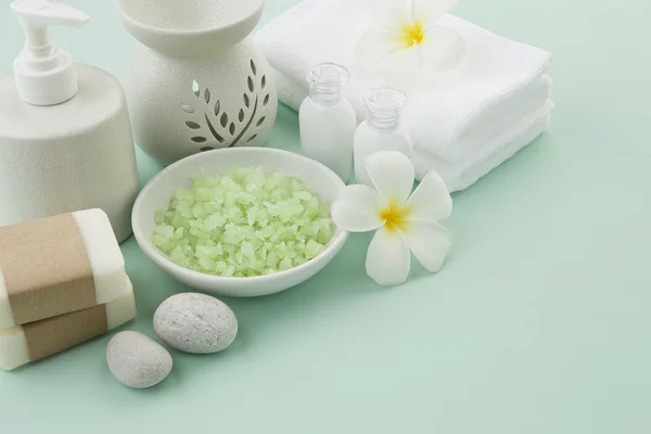 Belle composition de produits de soins spa mise en lumière — Photo