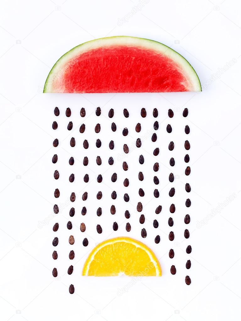 Weather concept, watermelon and orange shape of rainy season