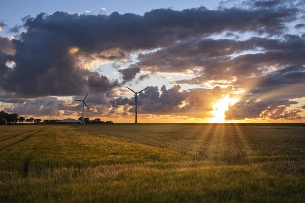 Parque Energia Eólica Pôr Sol Perto Neuharlingersiel Neuharlingersiel Está Localizado — Fotografia de Stock