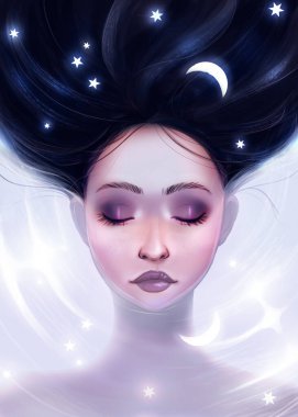Yıldızların ve ayların arasındaki rüyalarda uyuyan kız