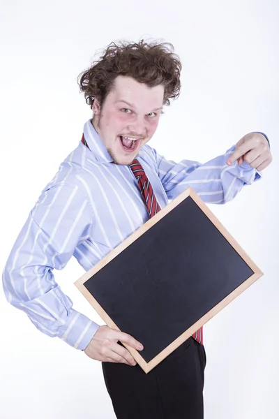 Funny business man med blackboard över vit bakgrund — Stockfoto