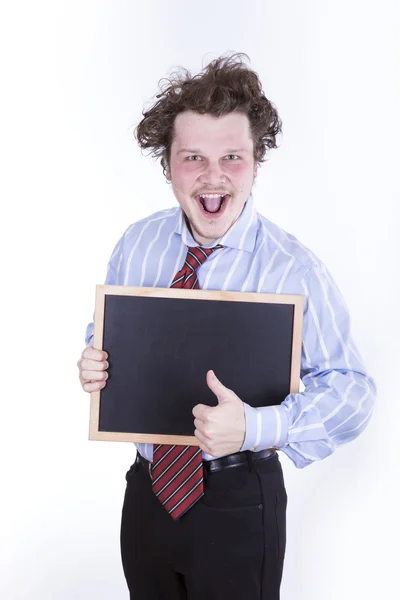 Funny business man with blackboard over white background — Stock Photo, Image