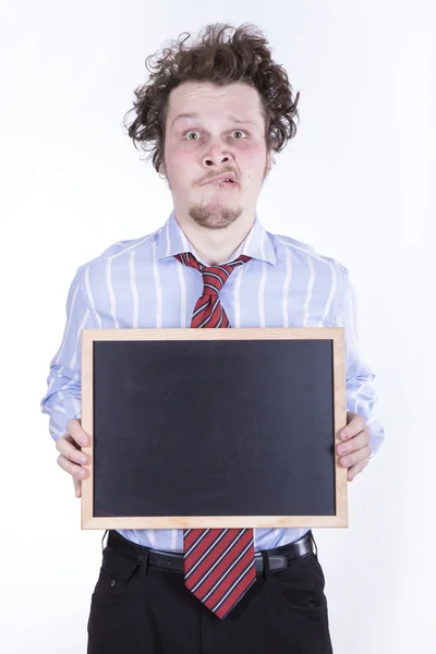Funny business man med blackboard över vit bakgrund — Stockfoto