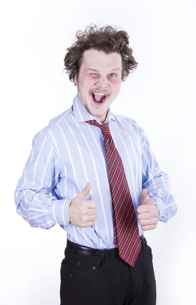 Hombre de negocios divertido con pizarra sobre fondo blanco — Foto de Stock
