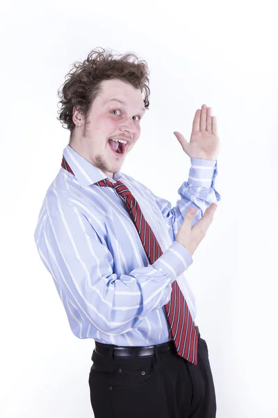 Funny business man with blackboard over white background — Stock Photo, Image