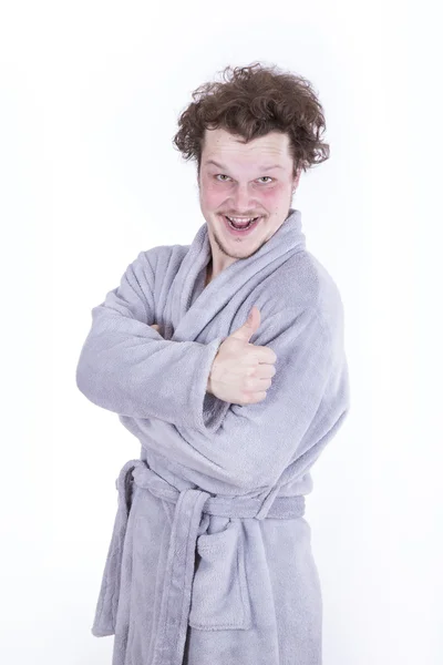 Funny man with bathrobe on white background — Stock Photo, Image