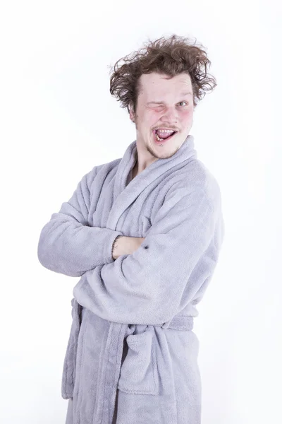 Funny man with bathrobe on white background — Stock Photo, Image