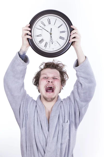 Frightened man with clock — Stock Photo, Image